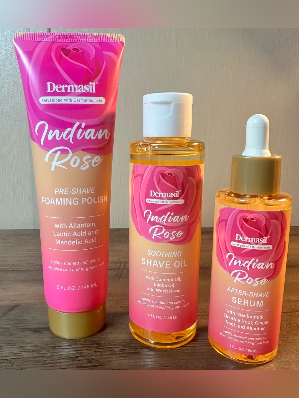 Dermasil 3pc Indian Rose Soothing Shave Oil, Pre-Shave & After Shave Serum NEW